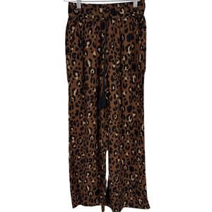 Cynthia Rowley Animal Print Linen Blend Wide Leg Pants SZ XS Brown Black Tassels
